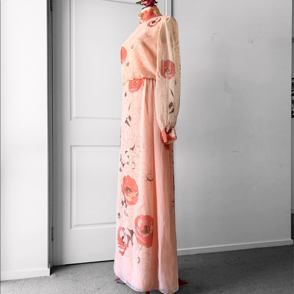Vintage 1960's Poppy Floral Maxi Long Sheer Sleeve Dress RARE OOAK - Picture 6 of 17